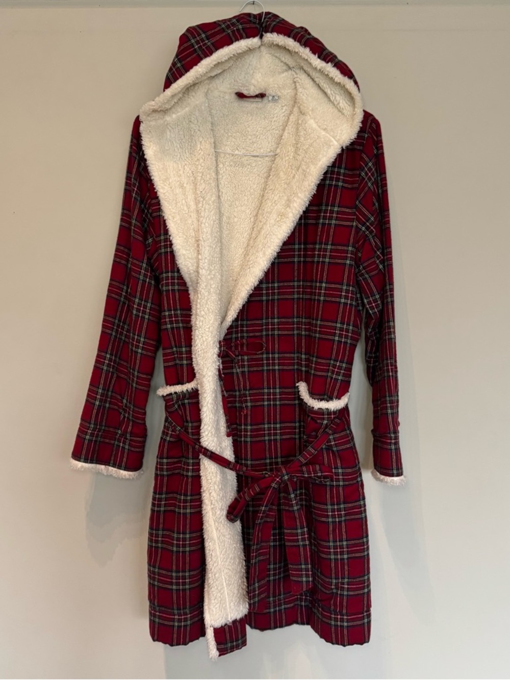 L.L. Bean Red Plaid Hooded Sherpa-Lined Robe